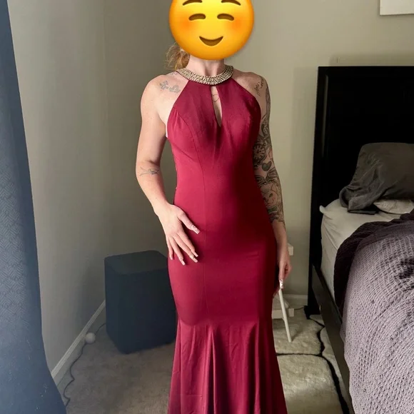 Dancing Queen Burgundy Maxi Dress with Embellished Neckline - Picture 4 of 6